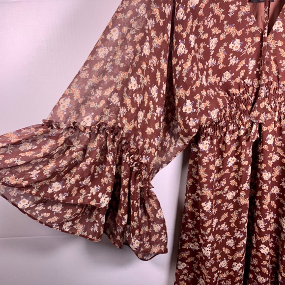 Victorian boho v-neck ruffled gypsy maxi brown burgundy floral western dress - Picture 6 of 14